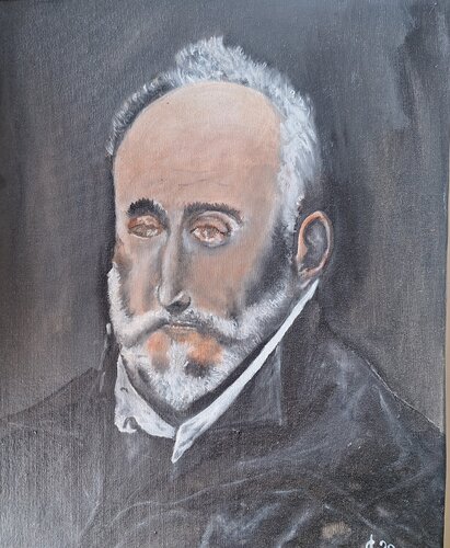 Replik des Portraits von Antonio De Covarrubias Y Leiva, Spanischer Jurist und Humanist. Gemalt von El Greco (Domenikos Theotokopoulos) van Bernd Stephanny, Schilderij te koop op Singulart