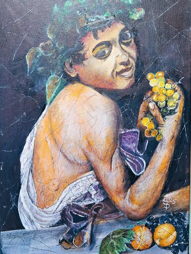 Kleiner kranker Bacchus eine Replik nach einem Selbstportrait von Michelangelo Merisi da Caravaggio ca 1595 van Bernd Stephanny, Schilderij te koop op Singulart