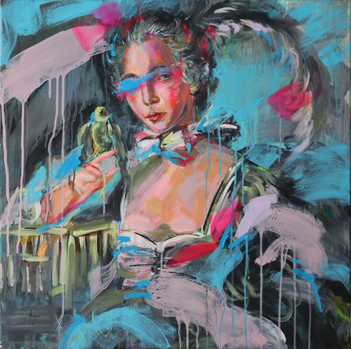 Woman with Bird van Antigoni Tziora, Schilderij te koop op Singulart