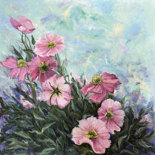 Painting Flowers in the evening garden di Iryna Bondar, Pittura in vendita su Singulart