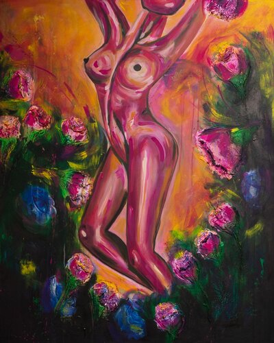 Venus in the Garden of Eden" – A One-of-a-Kind Original Artwork van Janine Raeker, Schilderij te koop op Singulart