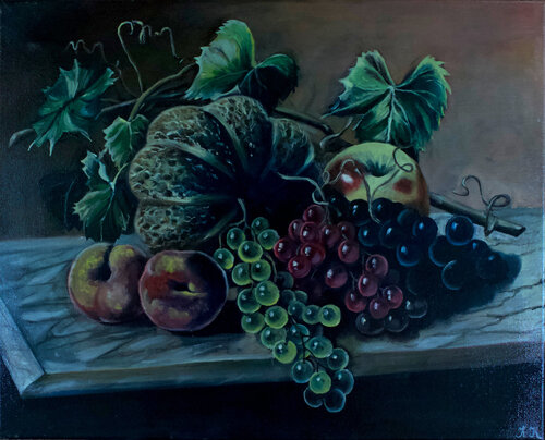 Dutch Still Life with Melon and Grapes von Karina Kopteva, Malerei kaufen auf Singulart