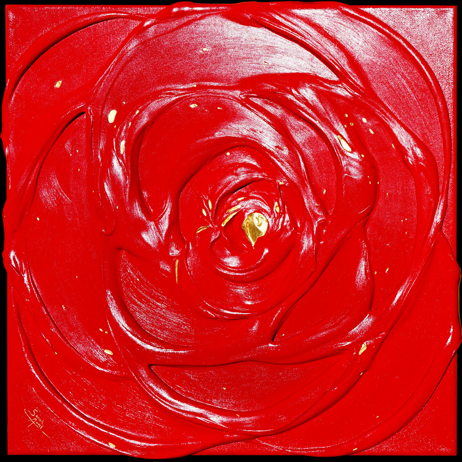 Little Red Rose with a Touch with Gold I. Sarah I. Avni Originalgemälde zu verkaufen