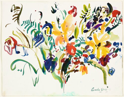 Irises and Yellow Daisies from our Spring Garden par Pamela Silver, Œuvre sur papier en vente sur Singulart