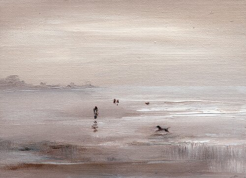 Evening Walk in Scheveningen, minimalist seascape by Alena Post, Painting for Sale on Singulart
