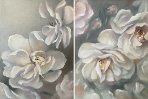 Flowers, White Roses diptych de Alena Post, Pintura a la venta en Singulart