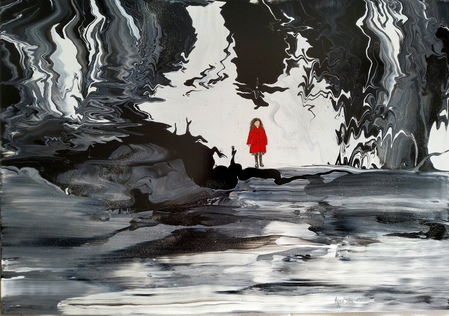 "The red Coat POZIOMKA" Agnieszka Schmid Original painting for sale
