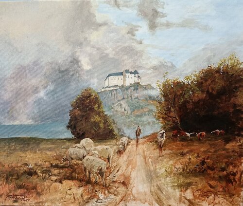 Füzér castle in the distance von Dávid Prokaj, Malerei kaufen auf Singulart