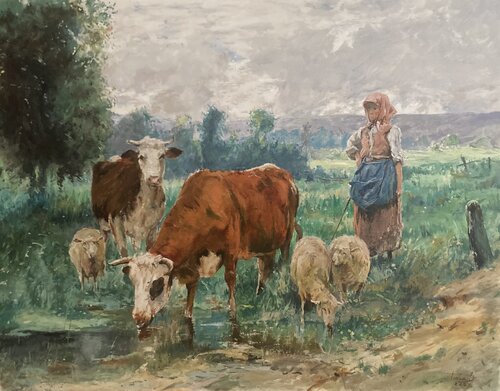 Shepherdess with her flock von Dávid Prokaj, Malerei kaufen auf Singulart