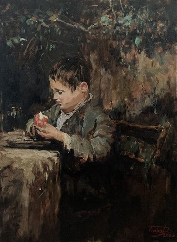 Child eating an apple von Dávid Prokaj, Malerei kaufen auf Singulart