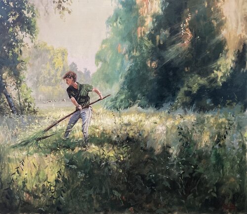 Scything young man van Dávid Prokaj, Schilderij te koop op Singulart