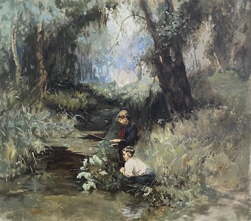 Friends fishing van Dávid Prokaj, Schilderij te koop op Singulart