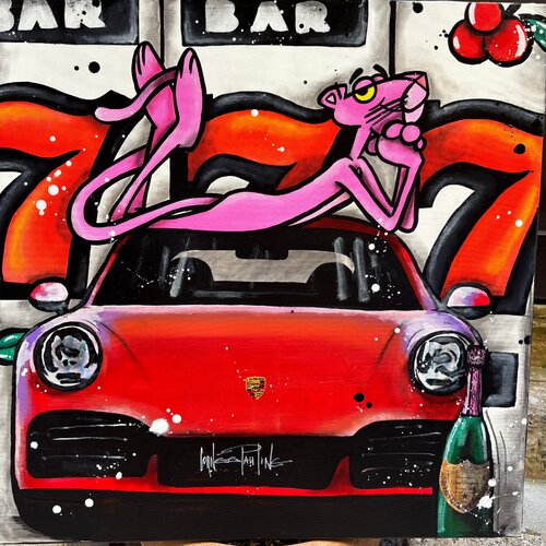 Pink Panther love the red Porsche 777 van Pauline Cornee, Schilderij te koop op Singulart