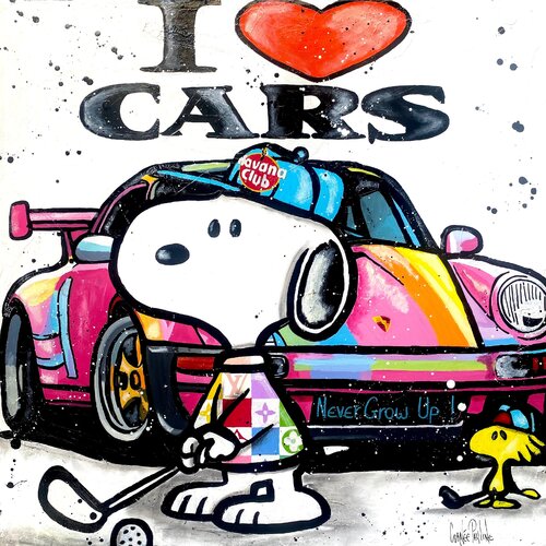 Snoopy plays golf next to Porsche van Pauline Cornee, Schilderij te koop op Singulart