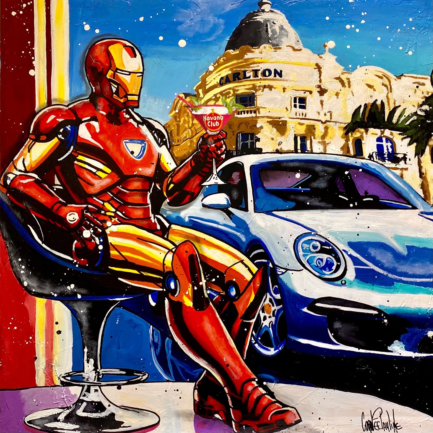 Iron Man enjoys a cocktail next to Porsche Pauline Cornee Originalgemälde zu verkaufen