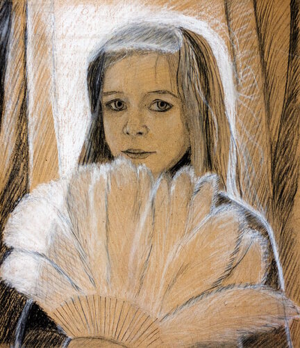 Portrait "Girl with a Fan" van Elena Gerasimova, Tekening te koop op Singulart