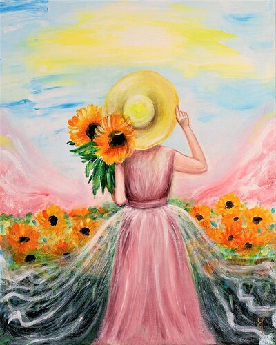 Girl in Pink with Sunflowers  (Limited Edition Print) von Elena Gerasimova, Druck kaufen auf Singulart