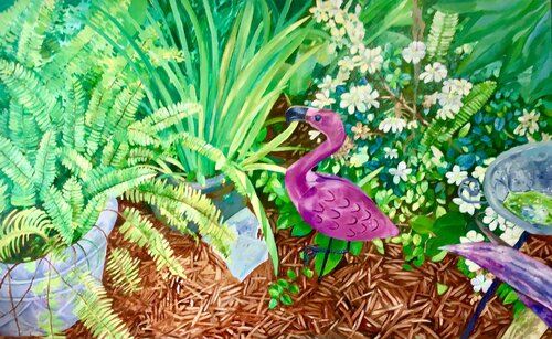Pink Flamingo in the Garden de Joseph Roache, Pintura a la venta en Singulart