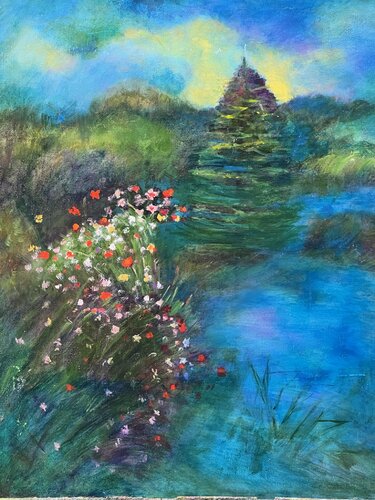 Blue paradise and flowers von Sheila Olivier-Carchidi, Malerei kaufen auf Singulart