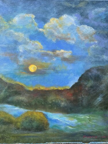 Full moon at dusk von Sheila Olivier-Carchidi, Malerei kaufen auf Singulart