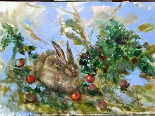 Rabbit in Apple orchard di Sheila Olivier-Carchidi, Pittura in vendita su Singulart