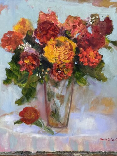 Red and yellow flowers van Sheila Olivier-Carchidi, Schilderij te koop op Singulart