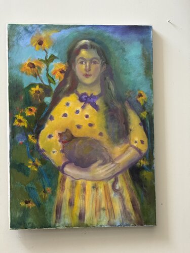 Girl in garden with sunflowers von Sheila Olivier-Carchidi, Malerei kaufen auf Singulart
