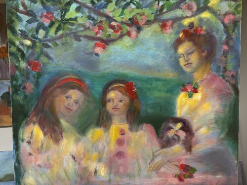 Children by ocean with dog by Sheila Olivier-Carchidi, Painting for Sale on Singulart