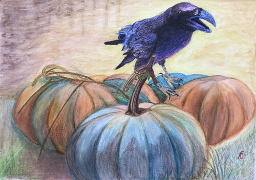 Krähe im Kürbisfeld van Claudia Altemeier, Schilderij te koop op Singulart