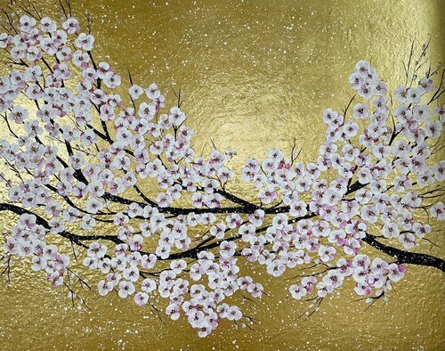 „Sakura Japanese“ XXL Kunstwerk in Gold di Guranda Spillmann, Pittura in vendita su Singulart