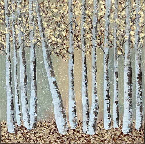 „Grove of Birches “  Extra Large golden Landscape di Guranda Spillmann, Pittura in vendita su Singulart