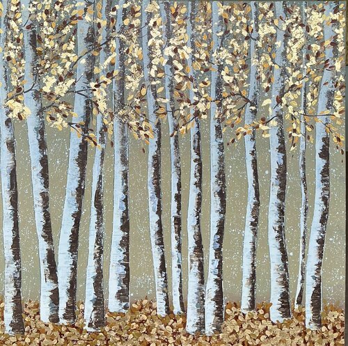 „Grove of Dancing Birches" Extra Large Golden Landscape 120/120/5 di Guranda Spillmann, Pittura in vendita su Singulart