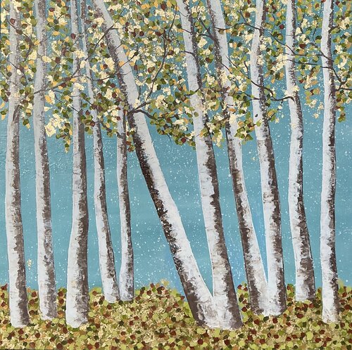 „Grove of Birches“ #3 Extra Large Golden Landscape di Guranda Spillmann, Pittura in vendita su Singulart