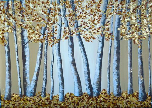 «Golden Forest» Extra Large Golden Landscape par Guranda Spillmann, Peinture en vente sur Singulart
