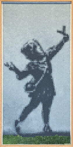 "BANKSY 'Girl with floral slingshot'" Contemporary Pop Art Pixelated Painting by Francisco Vital, Painting for Sale on Singulart