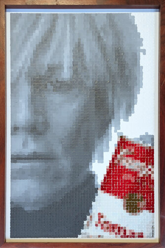"Andy Warhol with Campbell's Can" Contemporary Pixelated Figure Painting par Francisco Vital, Peinture en vente sur Singulart