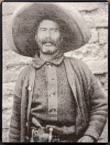 "Pistol Pete" Contemporary Western Black & Tan Pixelated Cowboy Portrait di Francisco Vital, Pittura in vendita su Singulart