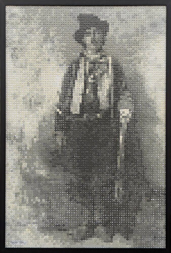 "Billy the Kid" Contemporary Western Black & Tan Pixelated Outlaw Portrait von Francisco Vital, Malerei kaufen auf Singulart