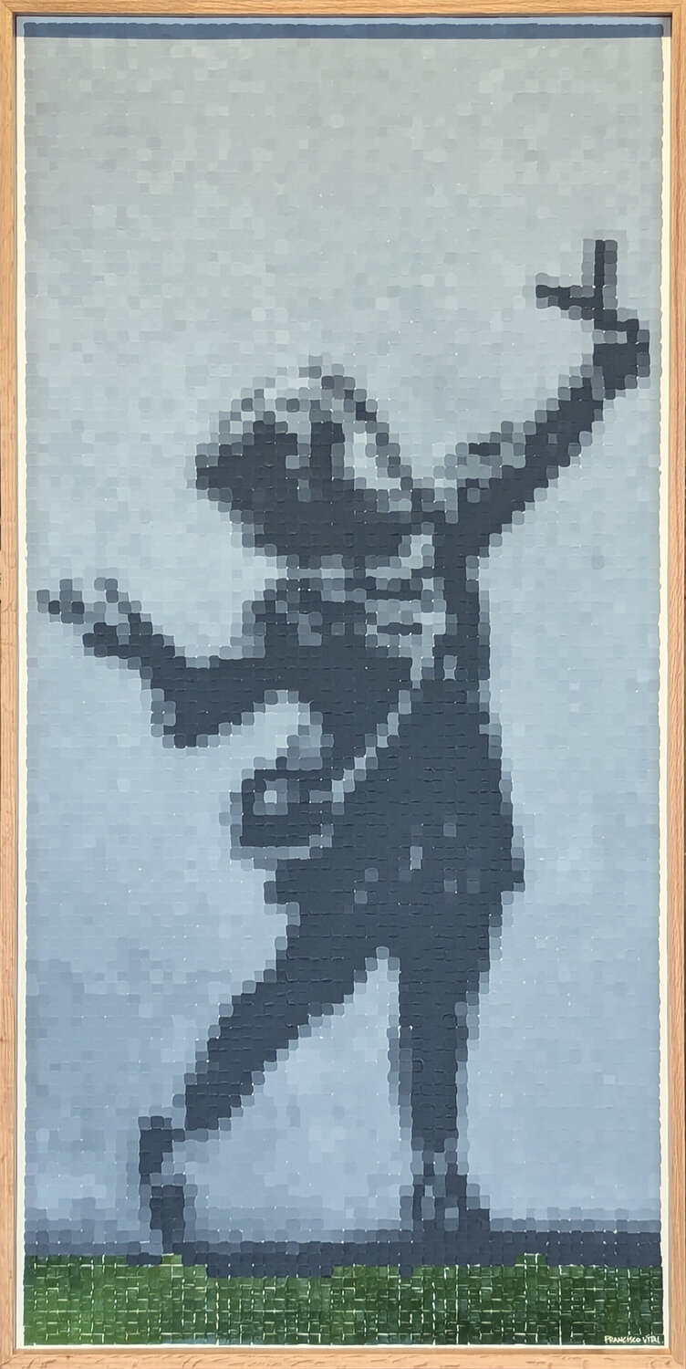 "BANKSY 'Girl with floral slingshot'" Contemporary Pop Art Pixelated Painting Francisco Vital