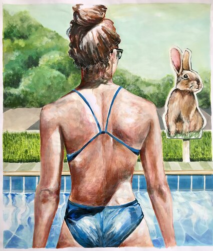 "Hasenjagd" – Unbeschwertheit eines Sommertages am Pool by Michael Rehr-Hoffmann, Painting for Sale on Singulart