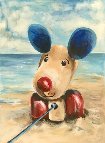 Der Nachziehhund im Küstenwind. Am Strand vergessen. by Michael Rehr-Hoffmann, Painting for Sale on Singulart