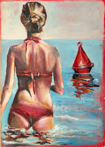 Orientierung in Rot: Badende in einem roten Bikini di Michael Rehr-Hoffmann, Pittura in vendita su Singulart