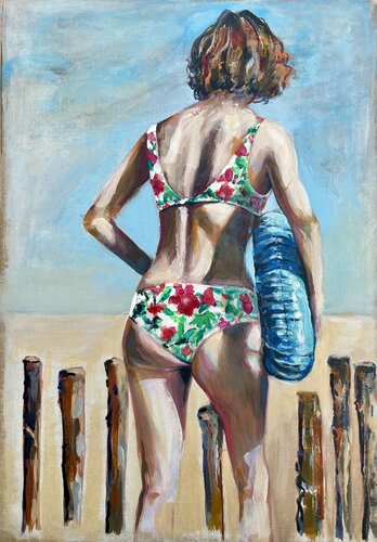 Bunter Bikini, blauer Schwimmring: Strandtag am Meer by Michael Rehr-Hoffmann, Painting for Sale on Singulart