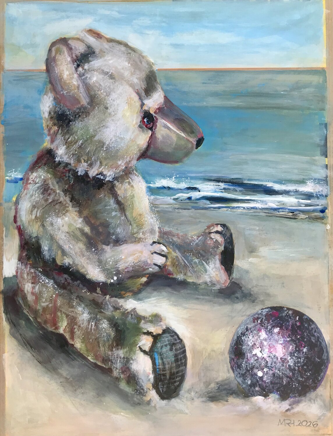 Der stille Strandfreund: Teddy am Strand mit Kugel Michael Rehr-Hoffmann Dipinto originale in vendita