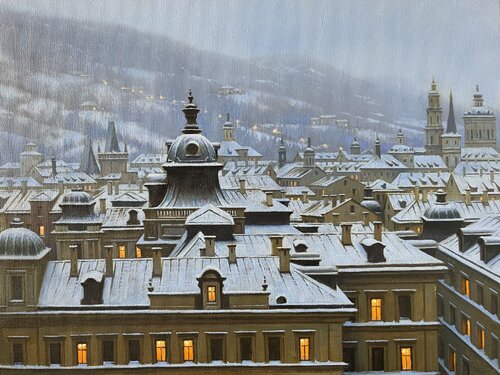 SNOWY EVENING IN PRAGUE di Alexei Butyrskiy, Pittura in vendita su Singulart