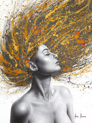 Her Pearl Earring & The Golden Butterflies (Hand Embellished Giclée) van Ashvin Harrison, Afdruk te koop op Singulart
