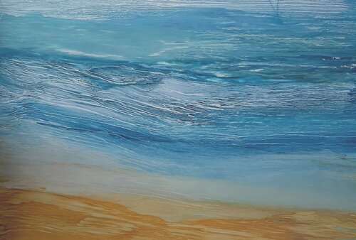 Sunset Tide in Blue and Sand. Abstract Blue Seascape von Elena Gozunova, Zeichnungen kaufen auf Singulart