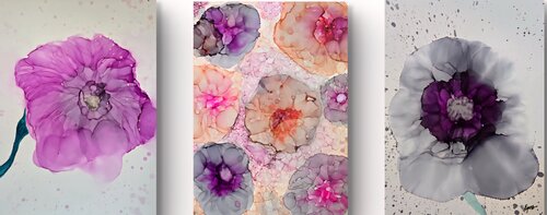 Tryptich Bloom in the Gaze (Violet Flowers) par Elena Gozunova, Œuvre sur papier en vente sur Singulart
