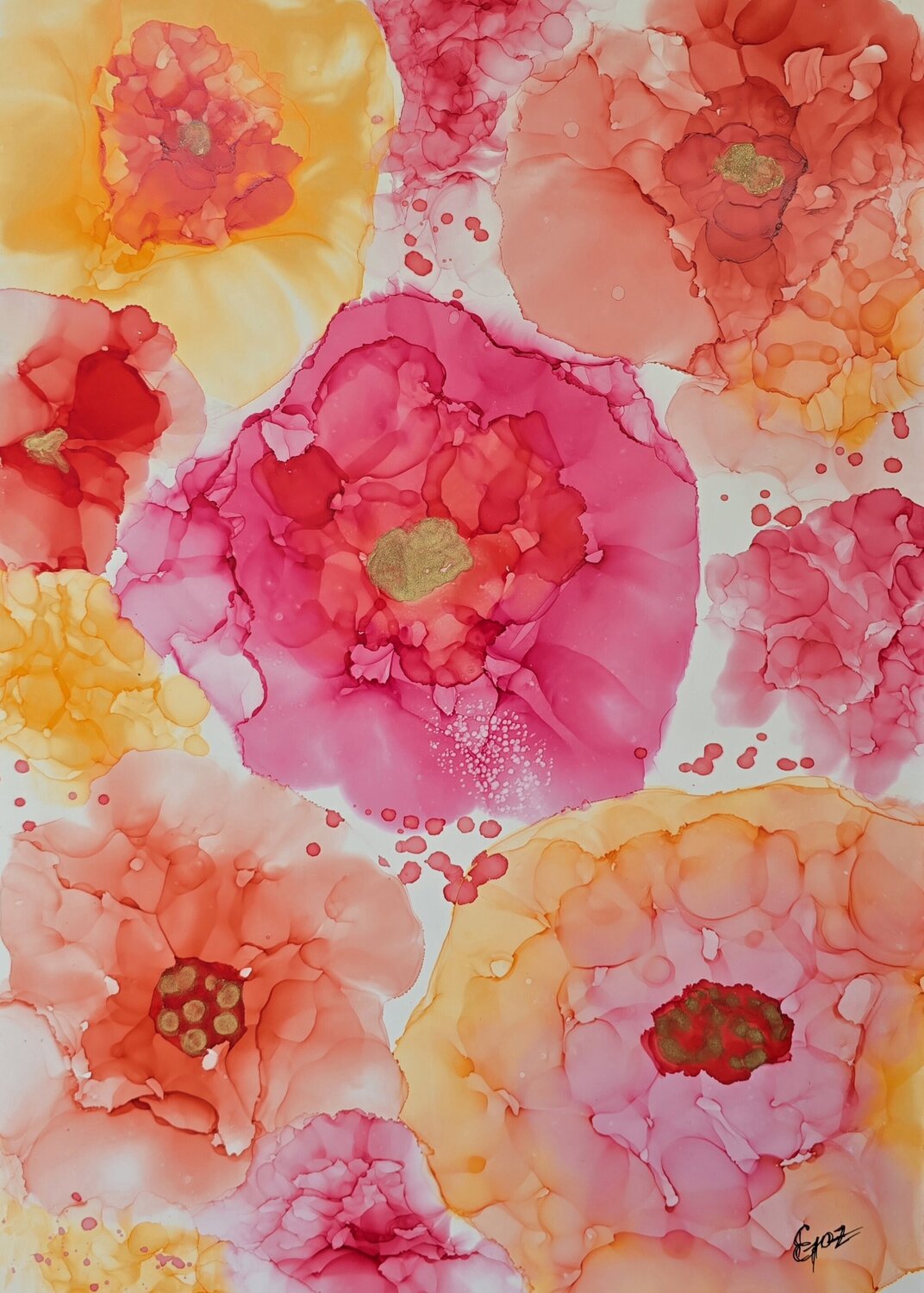 Bloom in the Gaze #3 (Pink and Orange flowers) Elena Gozunova Werk auf Papier zu verkaufen