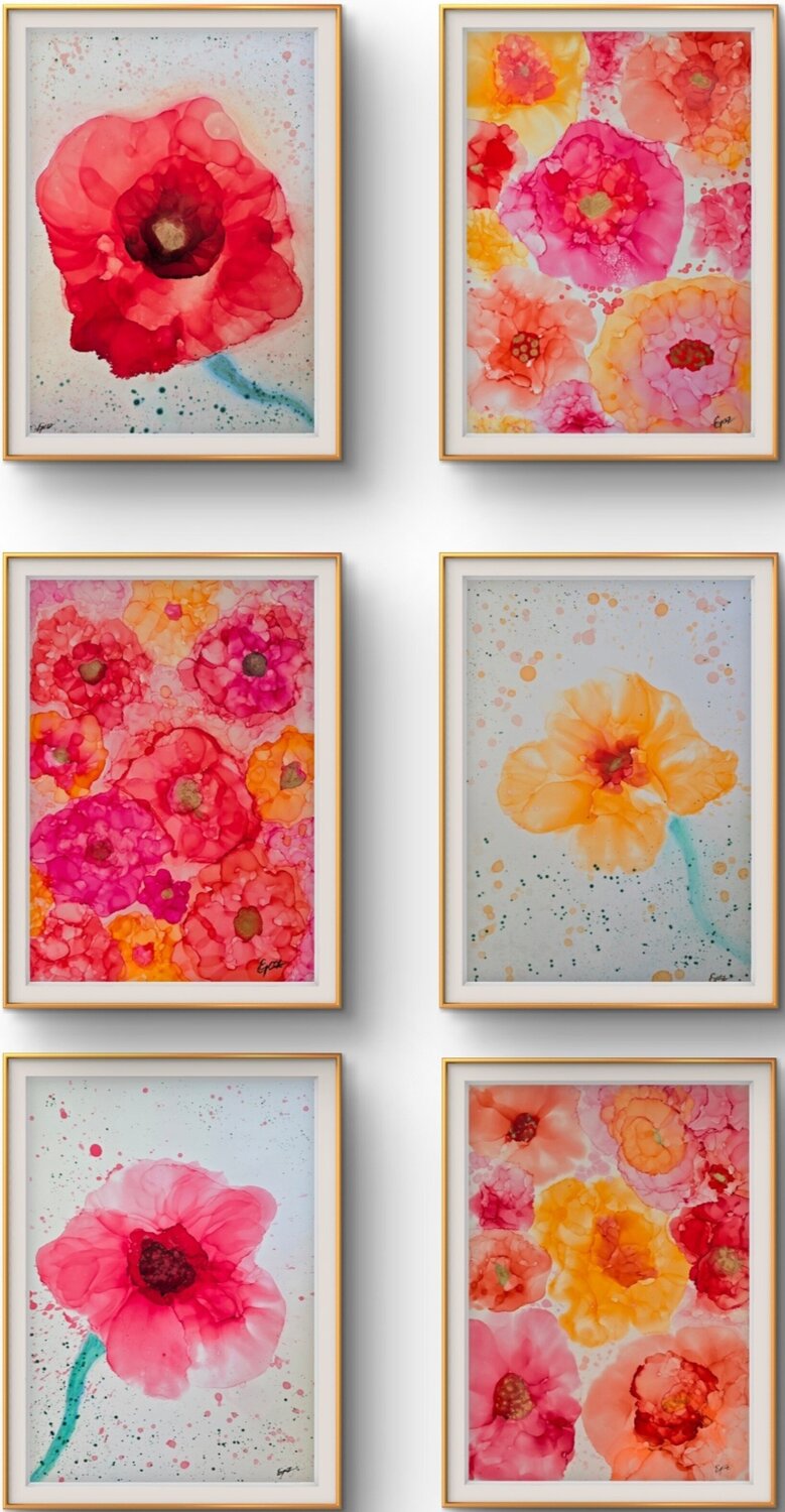 Polyptich Bloom in the Gaze (Red flowers) Elena Gozunova Werk auf Papier zu verkaufen